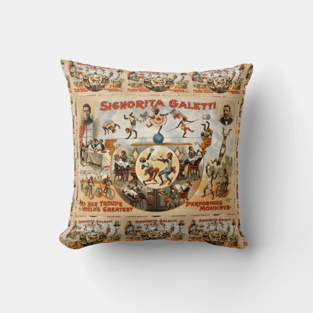 Signorita Galetti Troupe Performing Monkeys Circus Throw Pillow (Front)