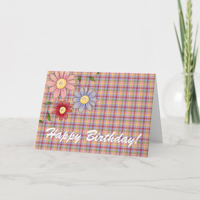 Signs Of Spring Floral Plaid Happy Birthday Card (Front)