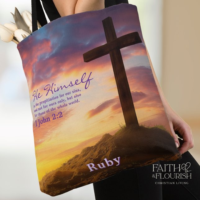 Sihouette Cross at Dusk Scripture Personalized Tote Bag (Creator Uploaded)