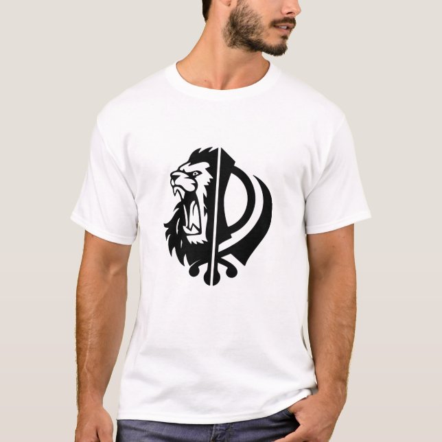 Sikh symbol khanda with Half Lion Face T-Shirt (Front)