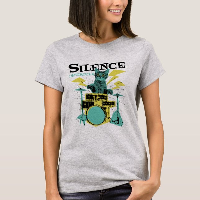 Silence Destroyer Cute Cat Playing Drums T-Shirt (Front)