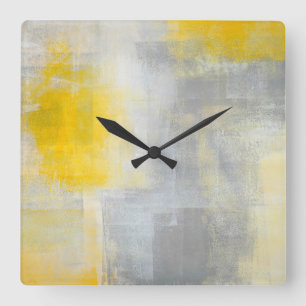 'Silence' Grey and Yellow Abstract Art Square Wall Clock