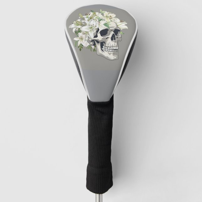 Silent Bloom: Skull & White Lilies Golf Head Cover (Front)