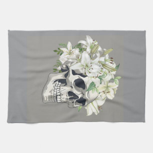 Silent Bloom: Skull & White Lilies Kitchen Towel