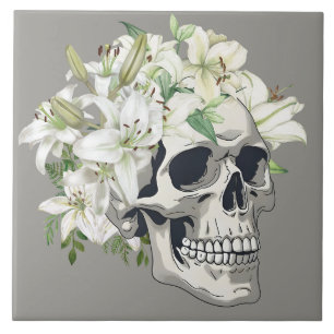 Silent Bloom: Skull & White Lilies Tile