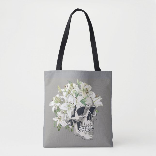 Silent Bloom: Skull & White Lilies Tote Bag (Front)