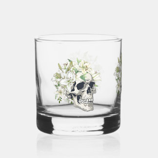 Silent Bloom: Skull & White Lilies Whiskey Glass
