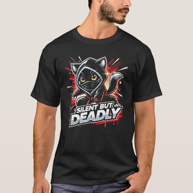 Silent But Deadly - Cute Funny Ninja Cat T-Shirt (Front)