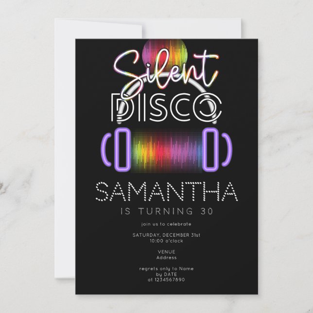 Silent Disco Neon Headphones Adult Birthday Party Invitation (Front)