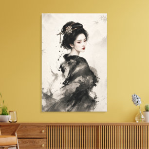 Silent Grace – Elegant Geisha Ink Portrait Canvas Print
