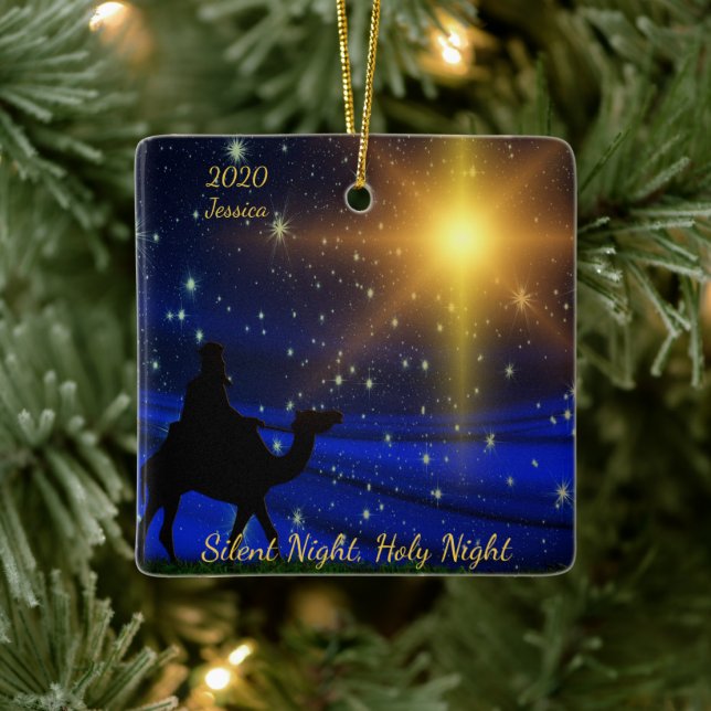 Silent Holy Night Personalized Name Year Christmas Ceramic Ornament (Tree)