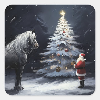 Silent Night - Beautiful Horse and Santa Christmas Square Sticker