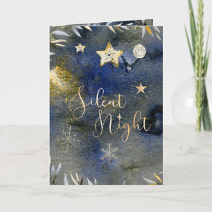 Silent Night Blue Gold Festive Holiday Watercolor Card