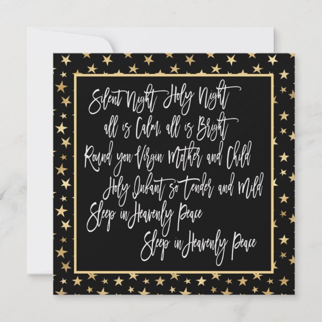 Silent Night Christmas Carol Gold Stars Black Holiday Card (Front)