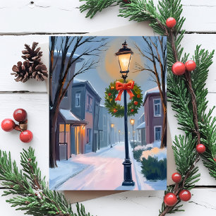 Silent Night   Christmas Town Wreath Watercolor Holiday Card