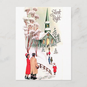 Silent night, church at Christmas, vintage holiday Postcard