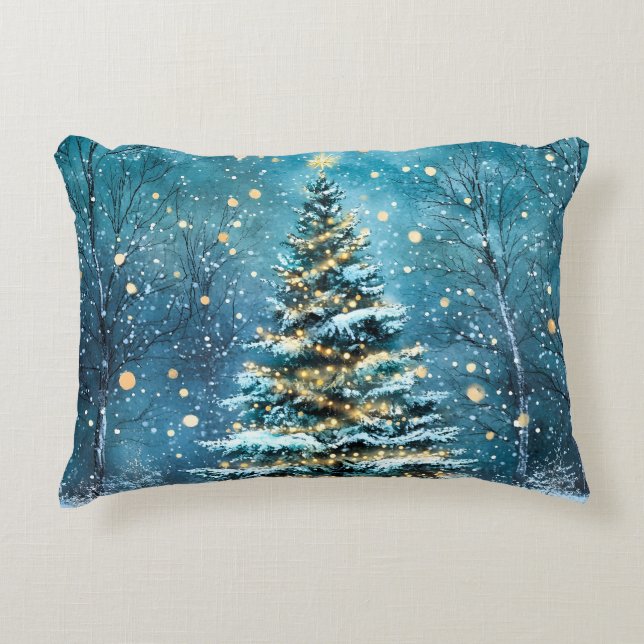 Silent Night Glow Bright Christmas Forest Tree Accent Pillow (Front)