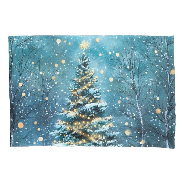 Silent Night Glow Bright Christmas Forest Tree Pillowcase (Front)