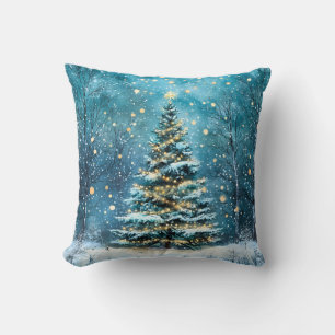 Silent Night Glow Bright Christmas Forest Tree Throw Pillow