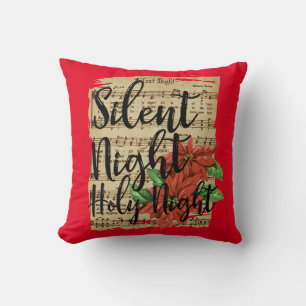 Silent Night Lyrics with Poinsettias  Throw Pillow