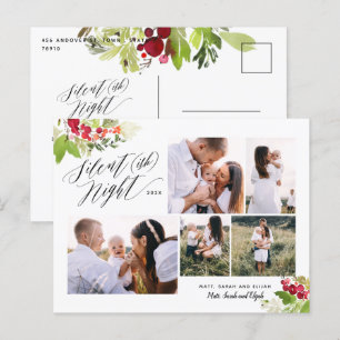 Silent night multi photo red green foliage funny holiday postcard