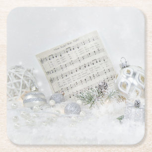Silent Night Music With Ornaments Square Paper Coaster