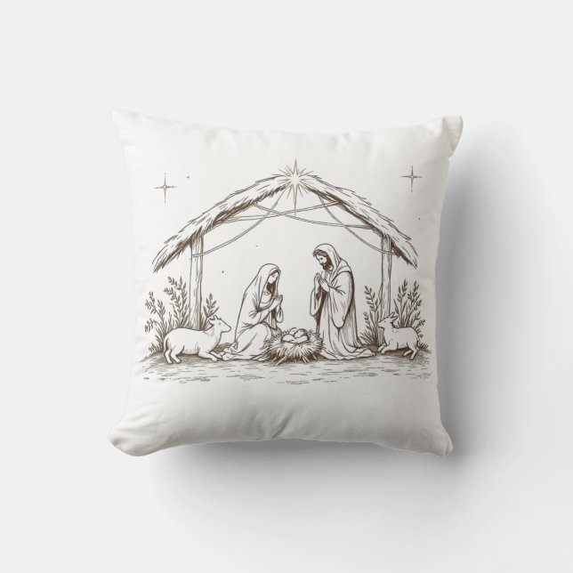 "Silent Night Nativity – Sepia Sketch Throw Pillow (Front)