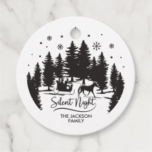 Silent night sleight pines snowflake black & white favour tags