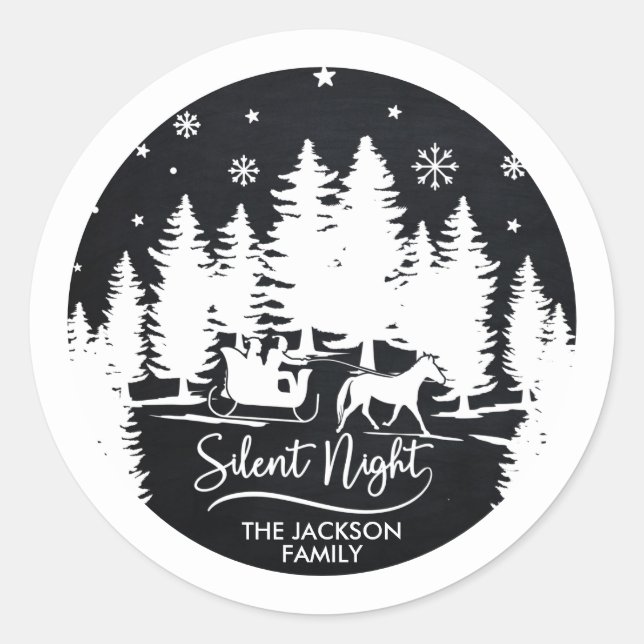 Silent night sleight snowflakes pines silhouettes classic round sticker (Front)