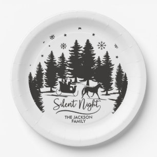 Silent night sleight snowflakes pines silhouettes paper plate