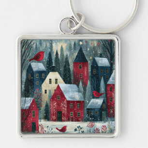 Silent Night Starlit Winter Village Keychain