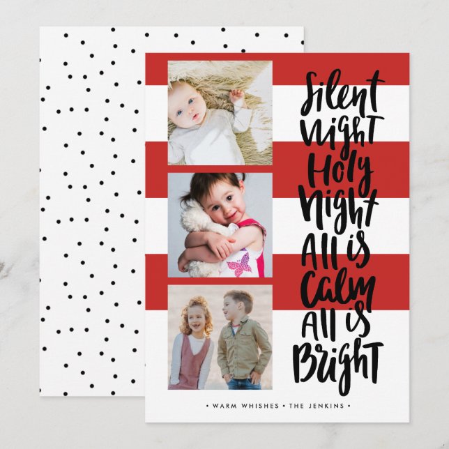 Silent Night three photo holidays Christmas | Red Invitation (Front/Back)