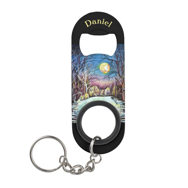 Silent Night Winter Full Moon in Sweden Keychain Bottle Opener (Front)