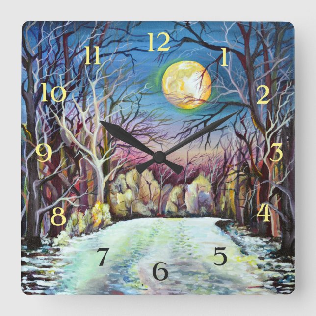Silent Night Winter Full Moon in Sweden - Numbers Square Wall Clock (Front)
