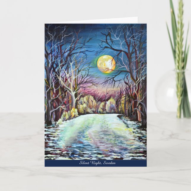 Silent Night Winter Full Moon Moonlit Snowy Forest Holiday Card (Front)