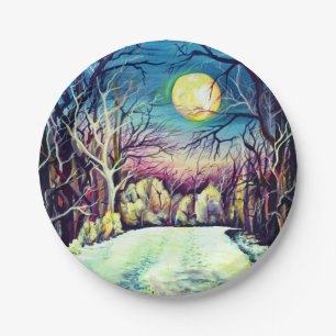 Silent Night Winter Full Moon Paper Plate
