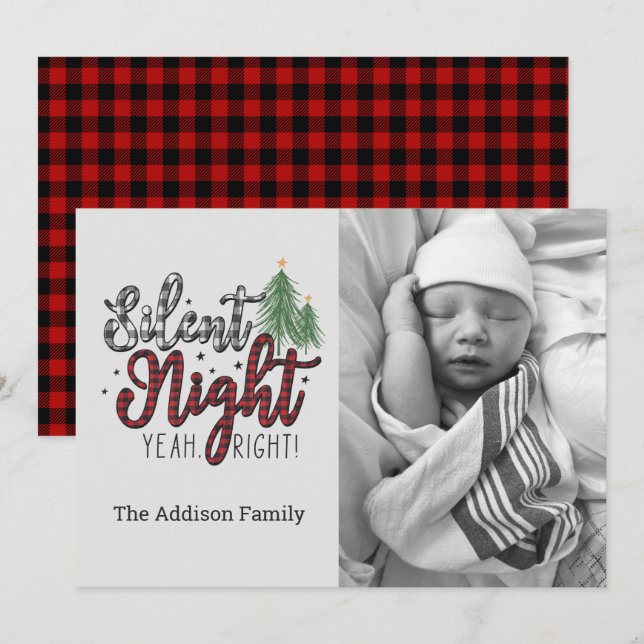Silent Night Yeah Right Plaid Christmas Card (Front/Back)