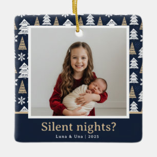Silent Nights? – Navy & Gold Tree Border Ceramic Ornament