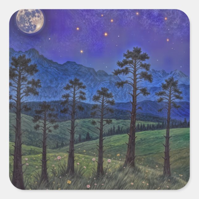 Silent Pines, Cosmic Dance – A Forest Landscape Square Sticker (Front)