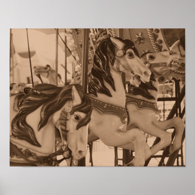 Silent Prancers Carousel Horses In Sepia Brown Poster (Front)