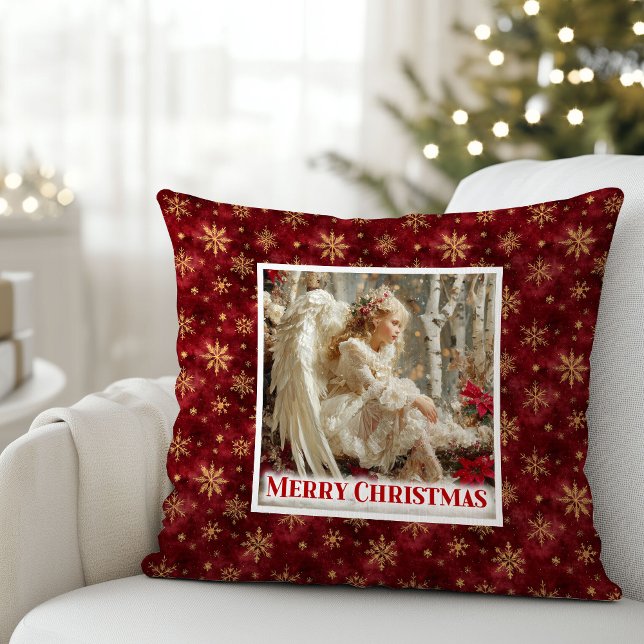 Silent Red and Gold Victorian Angel Christmas  Throw Pillow (Silent Red and Gold Victorian Angel Christmas Pillow)