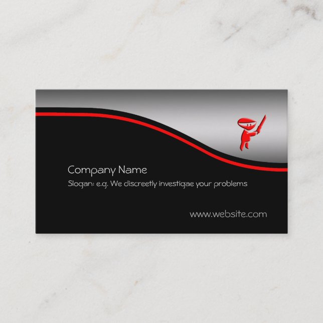 Silent red ninja assassin, red swoosh, metal-look business card (Front)