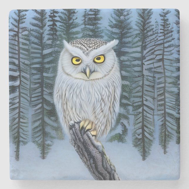 Silent Watch - Northern Winter Woods Grey Owl Stone Coaster (Front)