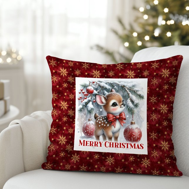 Silent winter scene snowy baby fawn Christmas  Throw Pillow (Silent winter scene snowy baby fawn Christmas pillow)