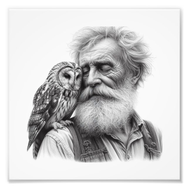 Silent Wisdom: Older Man and Owl Nuzzle Wall Art (Front)