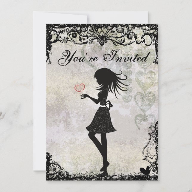 Silhouette Ado fille et coeur Invitation d'anniver (Devant)