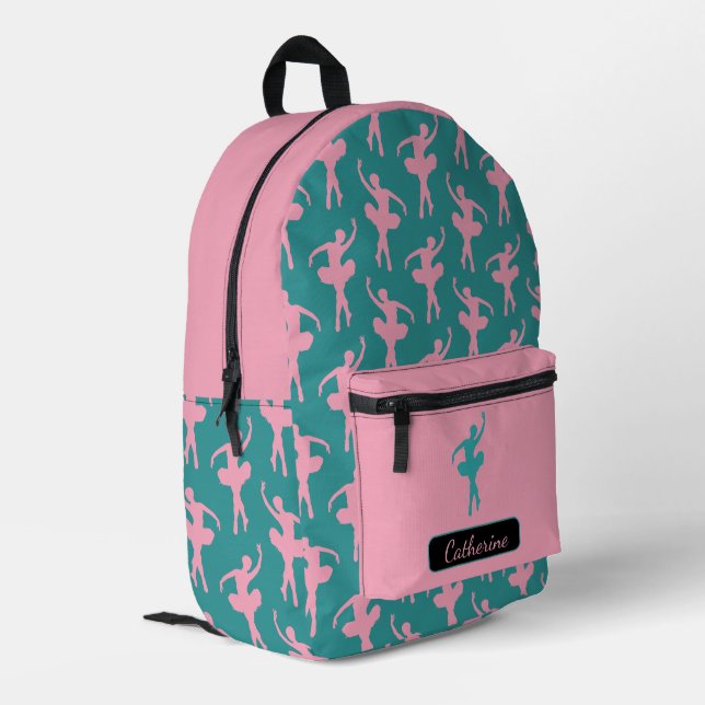 Silhouette Ballerina in Pink and Teal Printed Backpack (Back Corner Left)