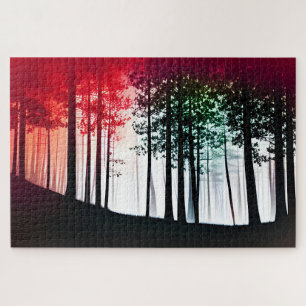 Silhouette Black and White Trees with Red Invasion Jigsaw Puzzle