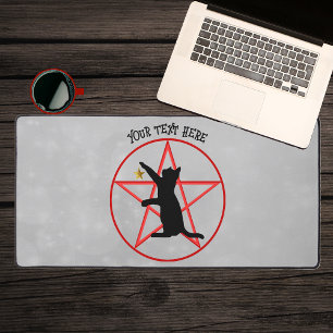 Silhouette Black Cat Reaching for Star Pentagram Desk Mat