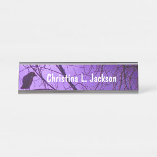 Silhouette Black Crow in Tree Branches Purple Sky Desk Name Plate